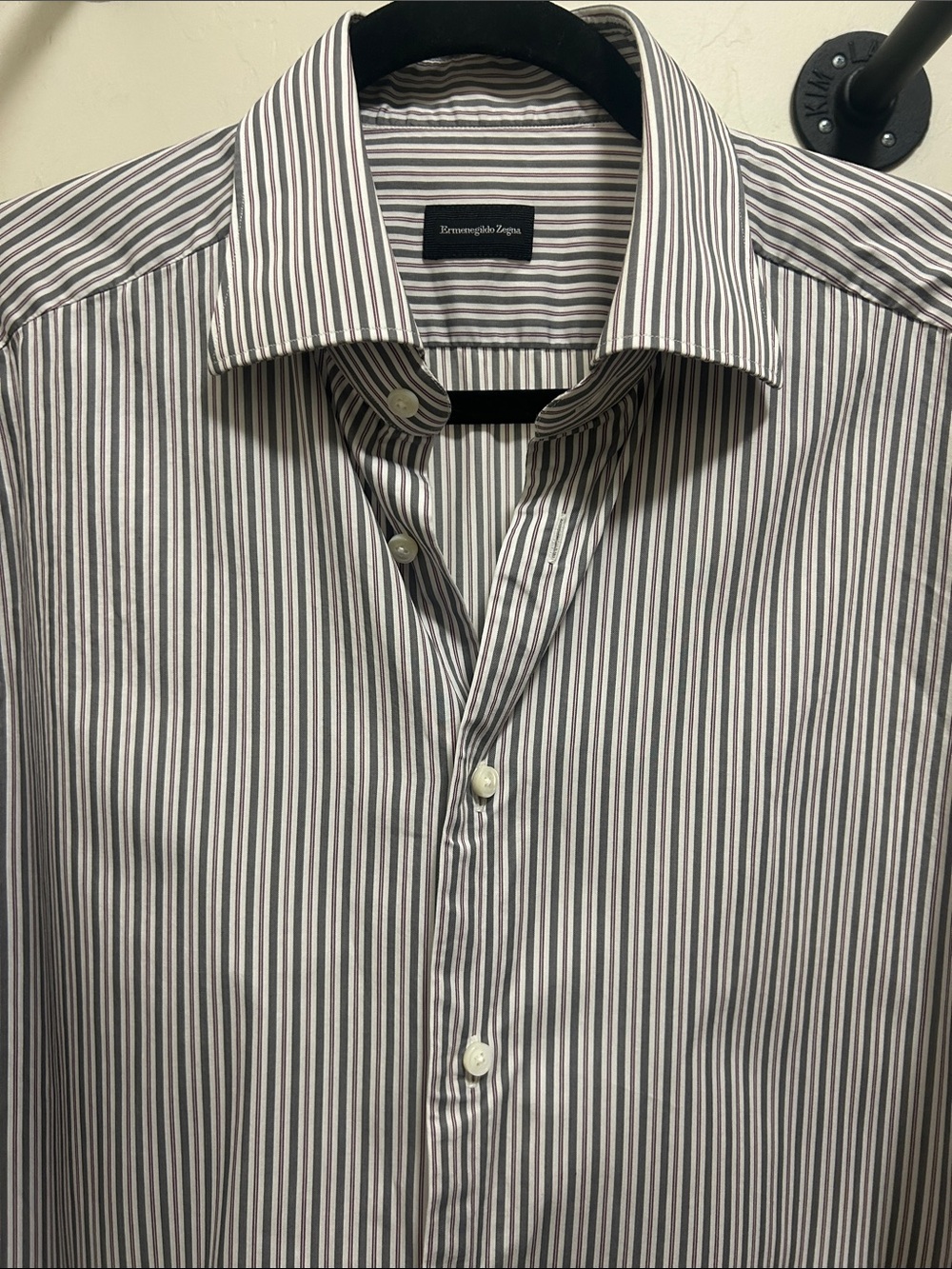 Ermenegildo Zegna White Dress Shirt with Gray and Purple Stripes